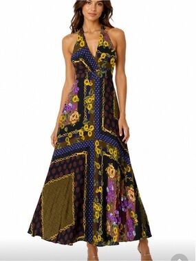 Dixie Italian 100% Cotton Halter Floral Patchwork Sunflowers Open Back Maxi